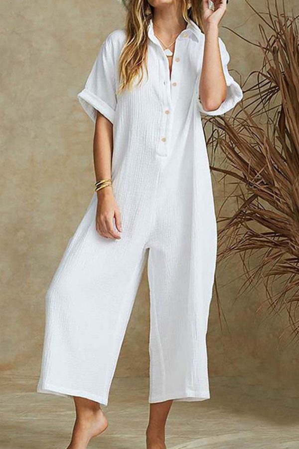 Casual Solid Turndown Collar Loose Jumpsuits(3 Colors)