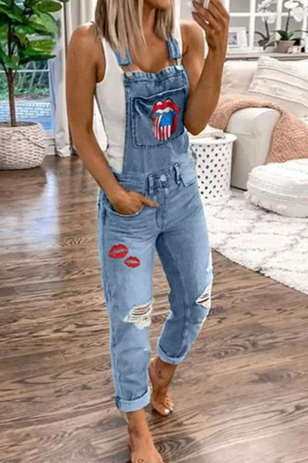 Casual Lips Printed Square Collar Harlan Jumpsuits